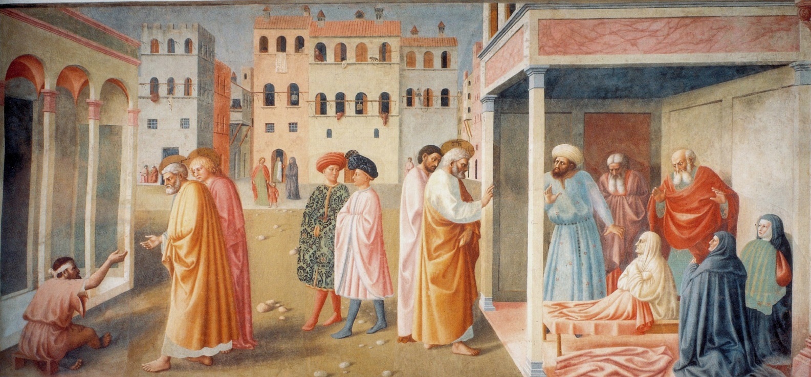 1. 1. Masolino da Panicale, St. Peter Healing a Cripple and the Raising of Tabitha, 1424-1428, fresco, Brancacci Chapel, Church of Santa Maria del Carmine, Florence.